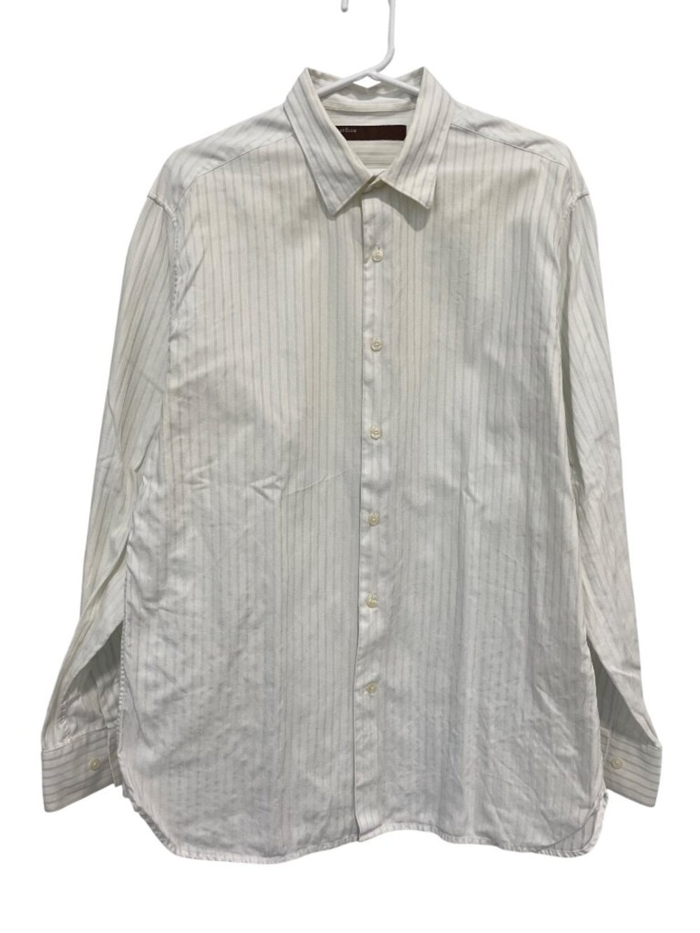 Perry Ellis Dress Shirt Large Long Sleeve Striped Button Front Cotton White Work